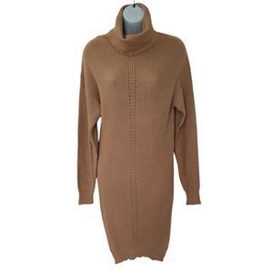 Simplee Turtleneck Neck Sweater Dress in Tan Size M